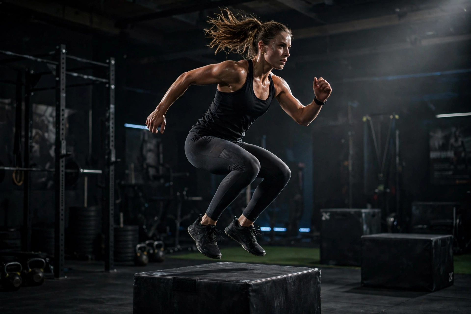 Athlete doing box jumps in cross-training shoes in a modern gym