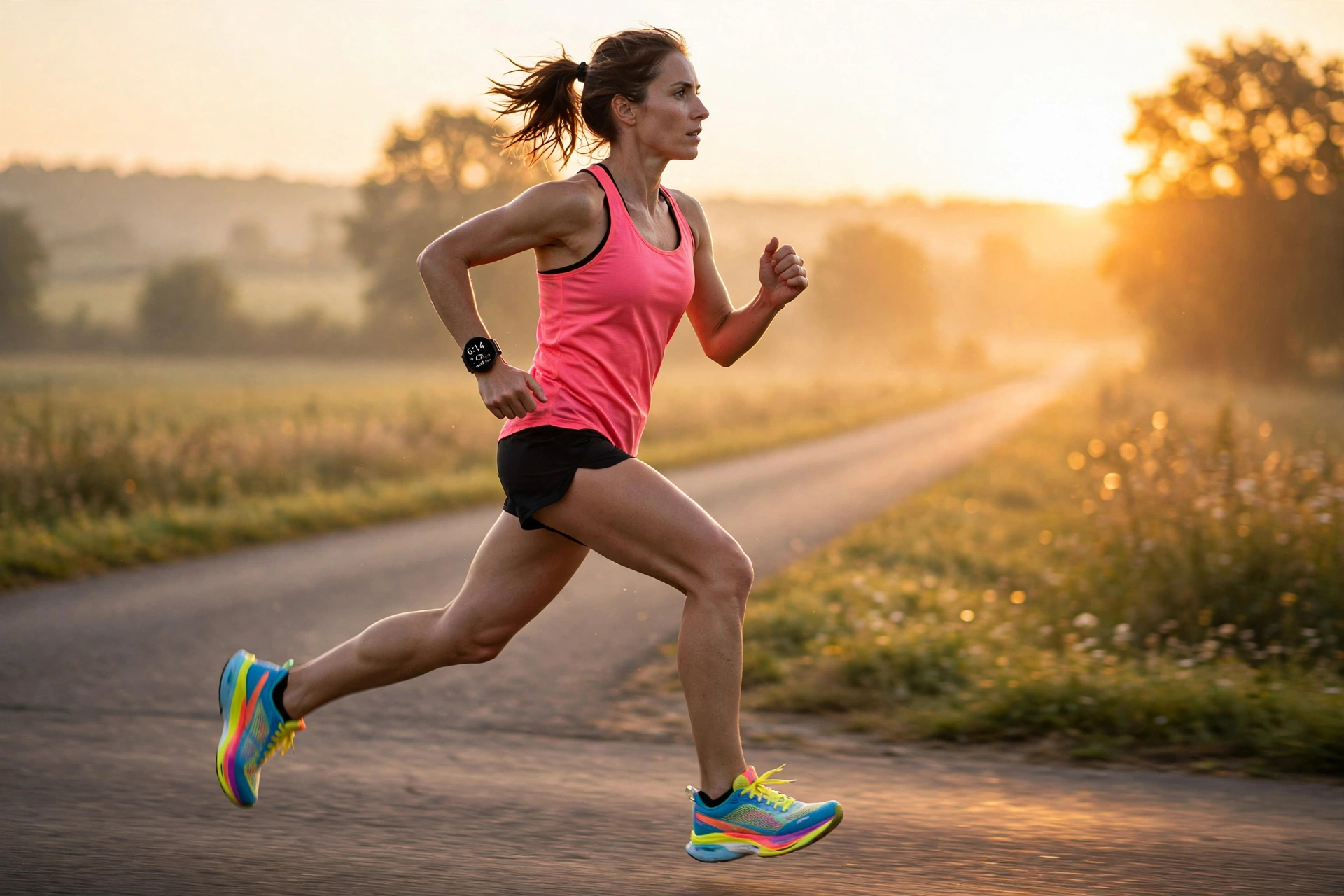 Runner wearing bright new running shoes and a smartwatch on a road at sunrise