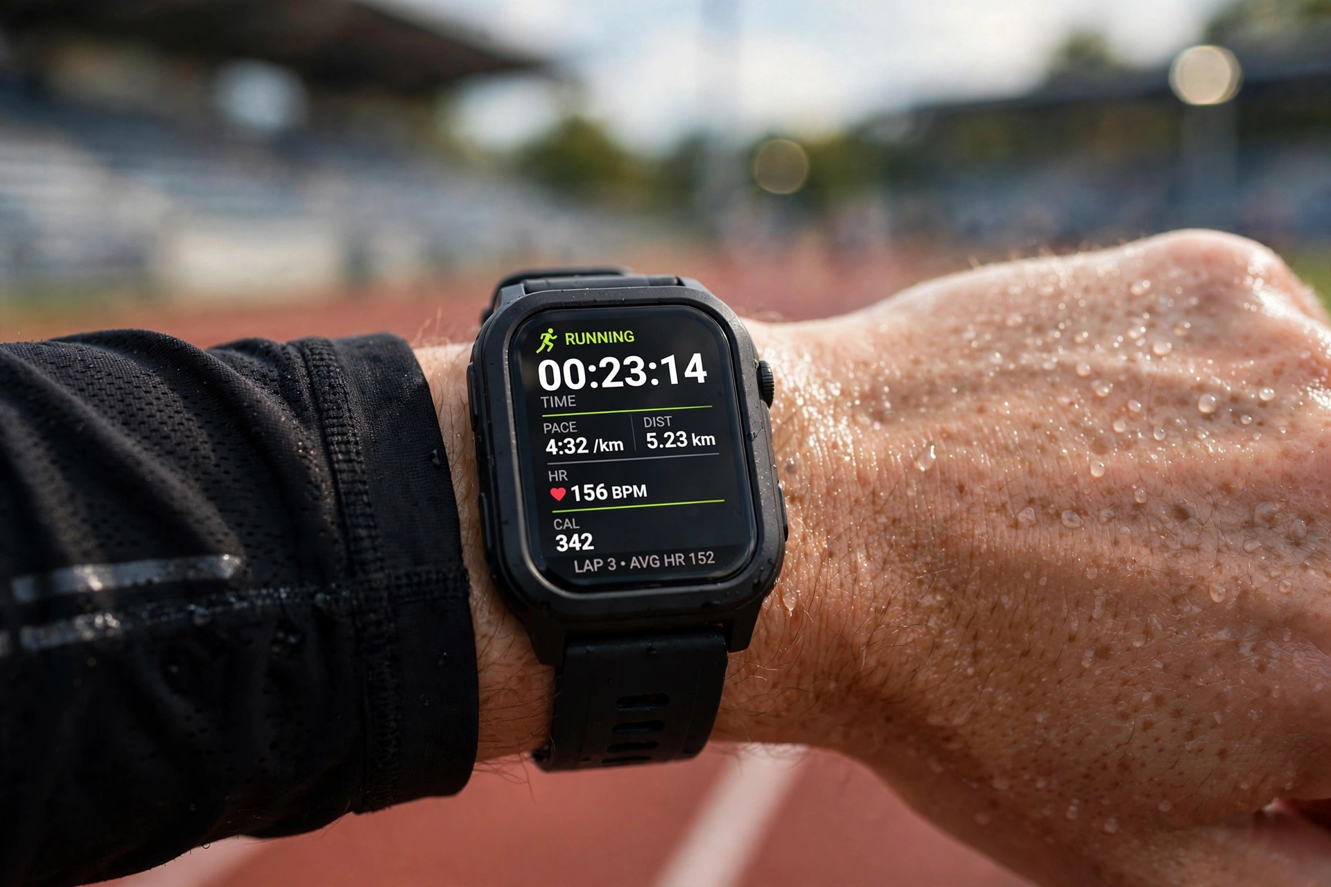 Close-up of a runner's wrist wearing a smartwatch showing running stats